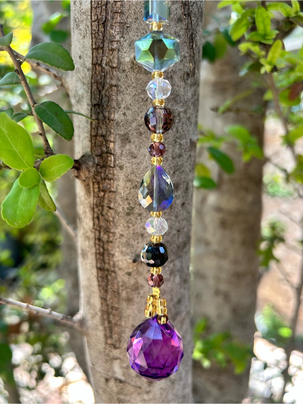 9” deep purple colored prism crystal beaded small suncatcher sun charm decor - Picture 3 of 4